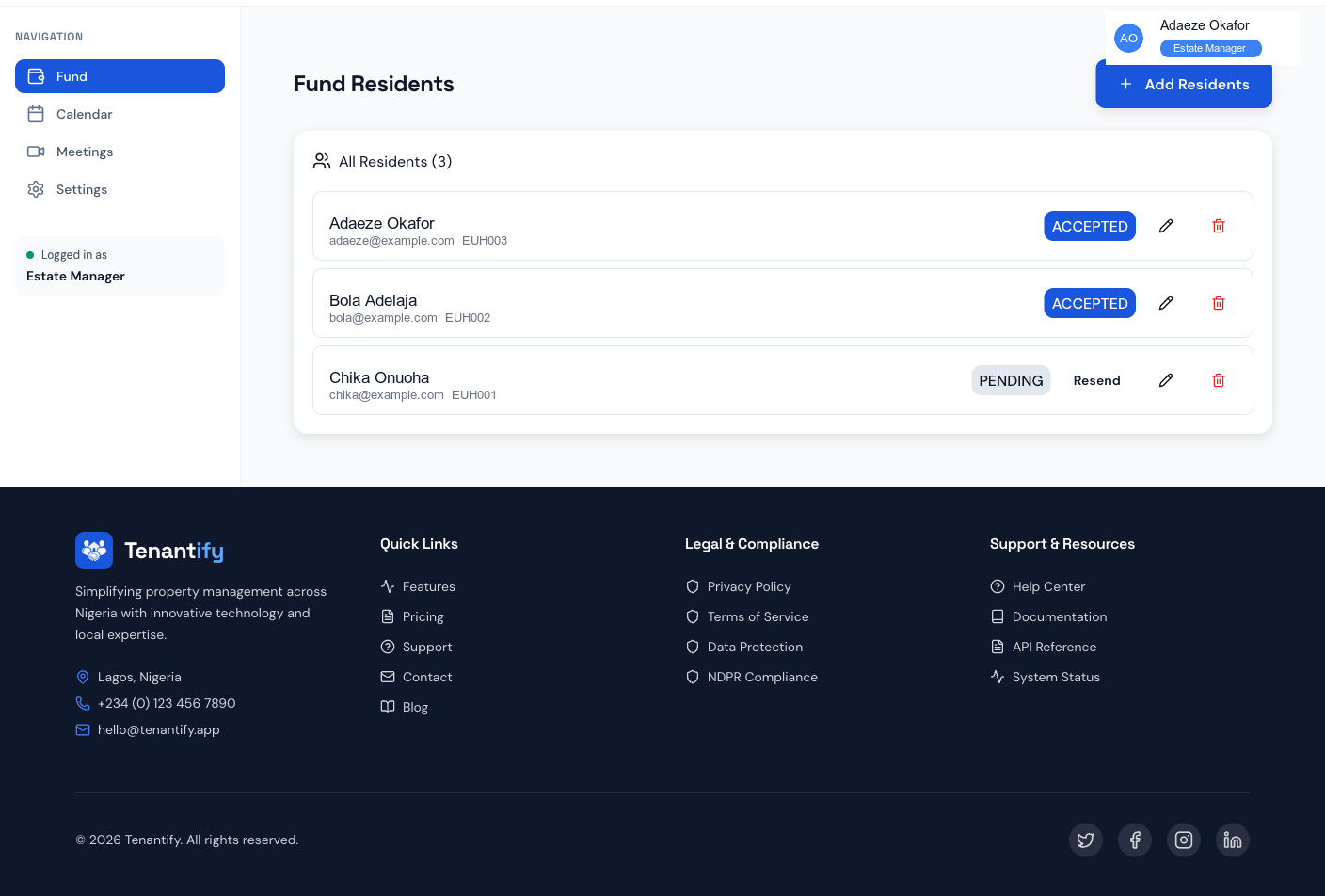 Step 1: Residents page with status badges