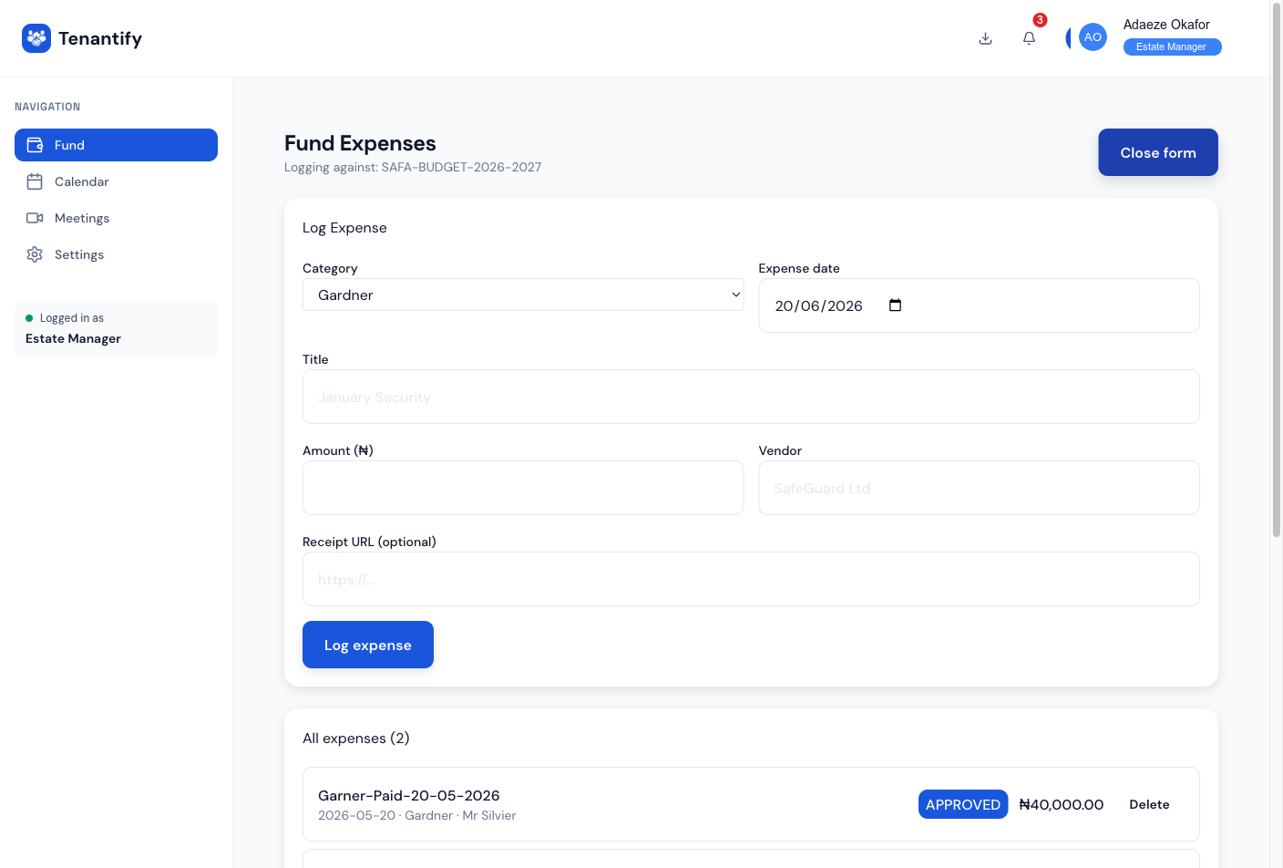 Step 2: Log expense form