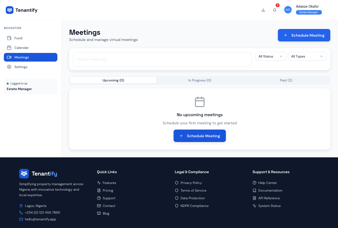 Step 1: Meetings page with upcoming tab
