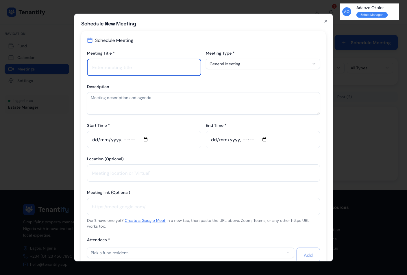 Step 2: Meeting scheduler form