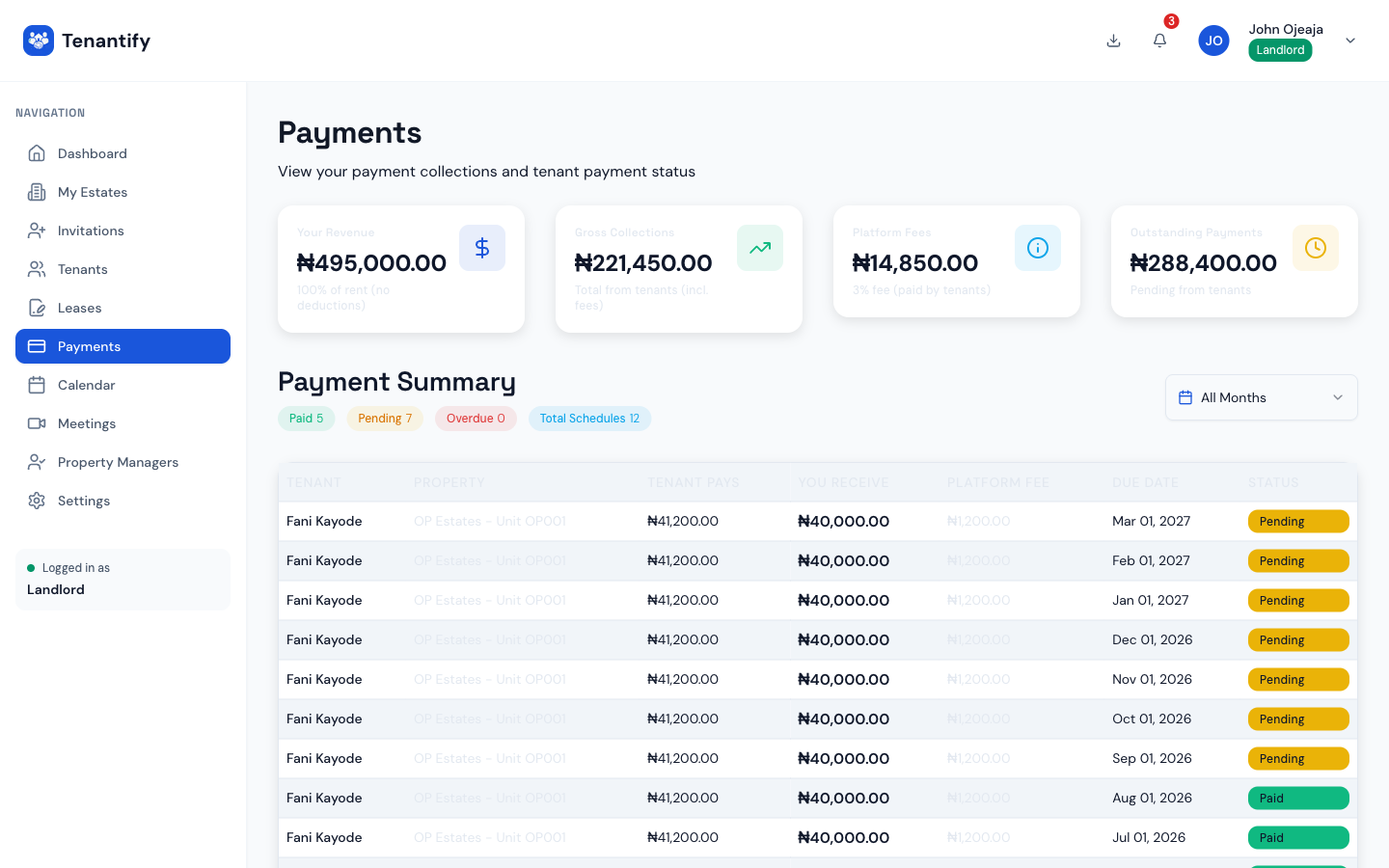 Step 6: First successful payment shown on landlord dashboard