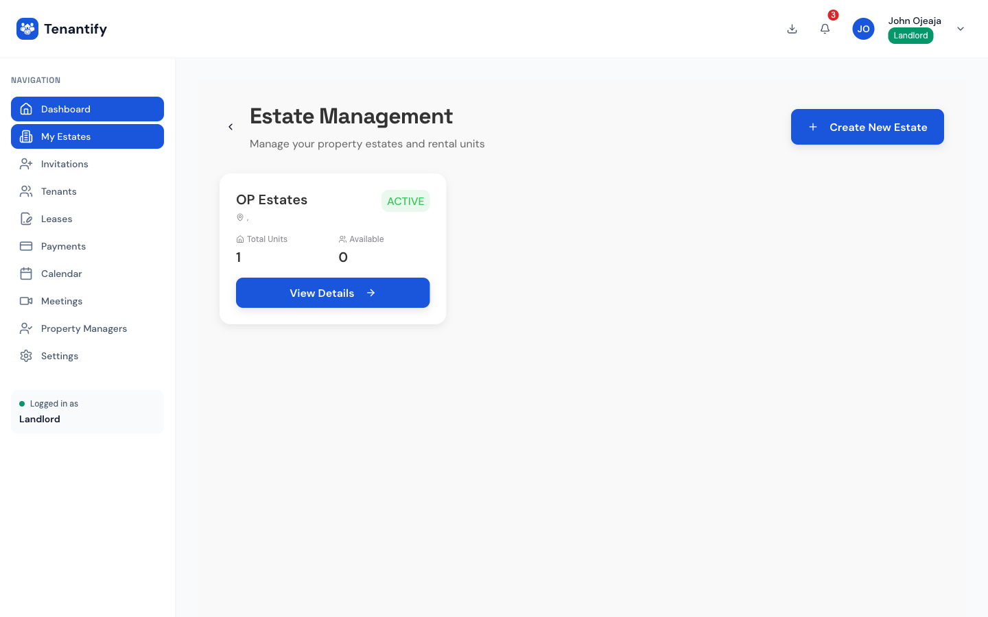 Step 1: Empty estates page with Create estate CTA
