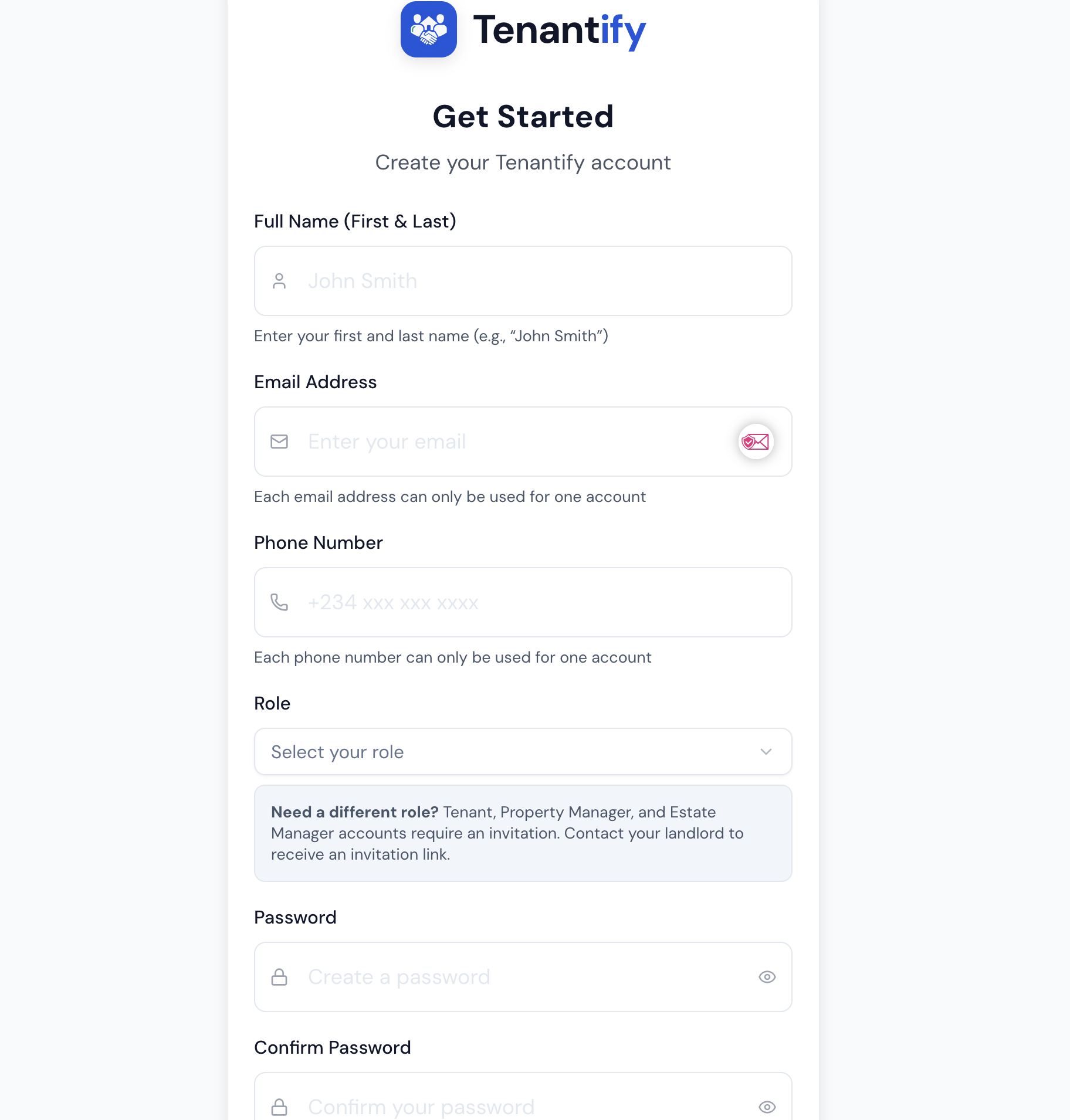 Step 2: Sign-up form with landlord role pre-selected