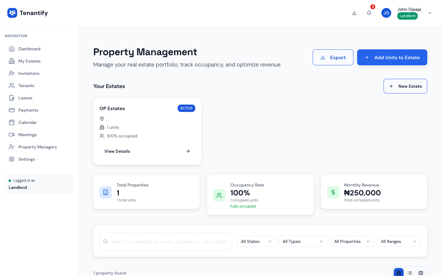 Step 5: Empty-state Properties page prompting estate creation