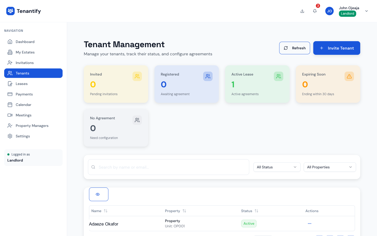 Step 1: Tenants page with Invite tenant CTA