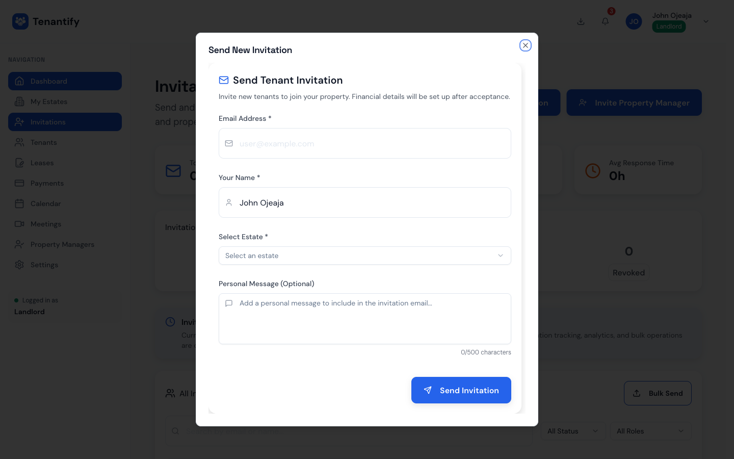 Step 3: Tenant row with INVITED status and expiry countdown