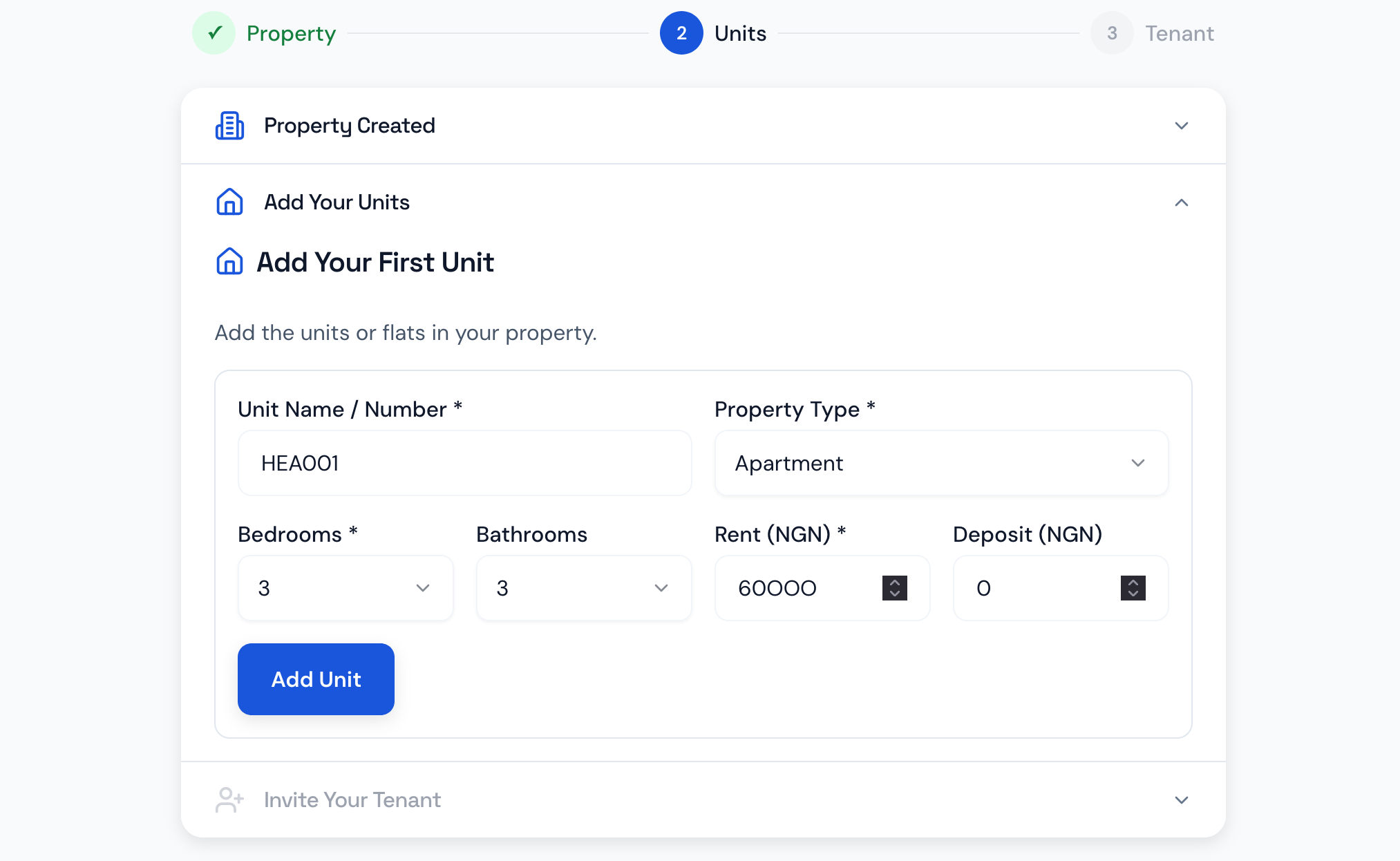 Phase 2: Unit-add form showing unit name, property type, bedrooms, bathrooms, rent, and deposit fields
