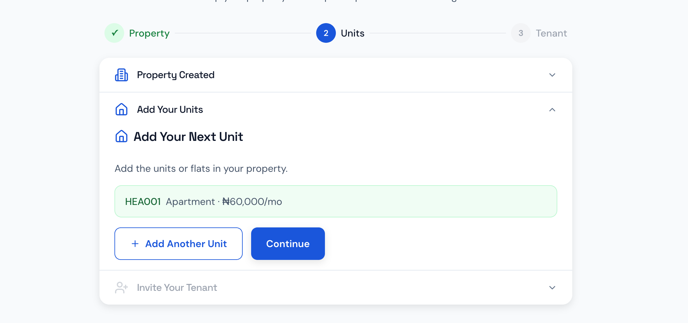 Phase 2 after submit: the added unit appears in a green confirmation strip, with 'Add Another Unit' and 'Continue' buttons below