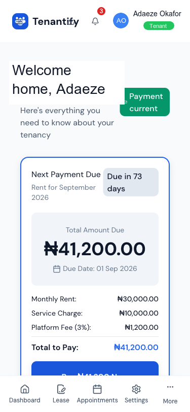 Step 1: Tenant dashboard payment card
