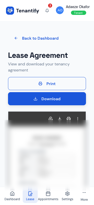 Step 1: Tenant dashboard showing View Lease quick action